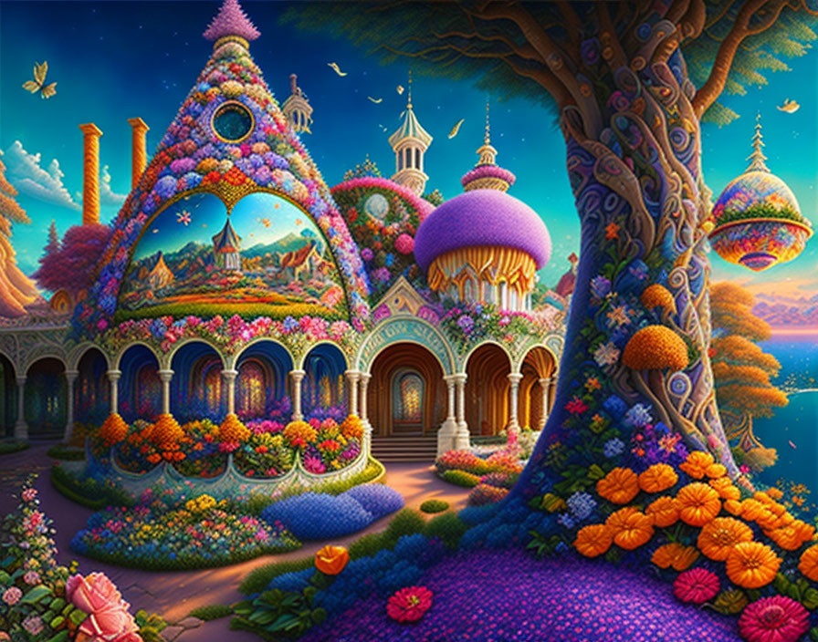 Fantasy landscape with whimsical architecture, colorful flora, and magical tree