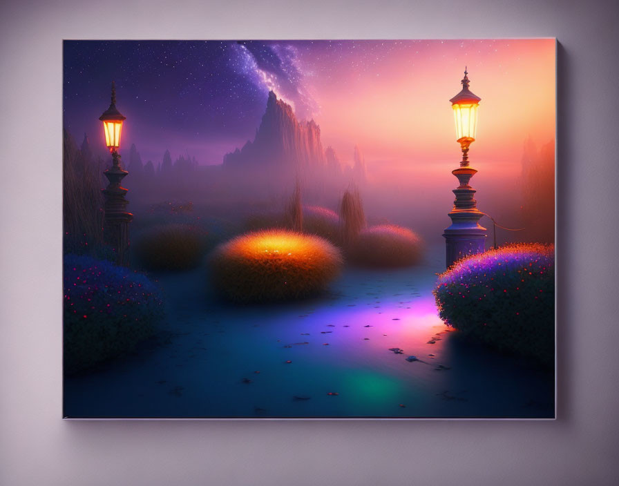 Surreal canvas art of mystical pathway with glowing bushes and sunset sky