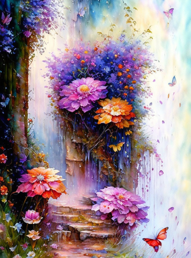 Vibrant garden pathway painting with colorful flowers and butterflies