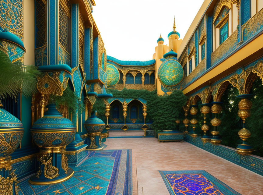 Intricate Blue and Gold Islamic Courtyard Design