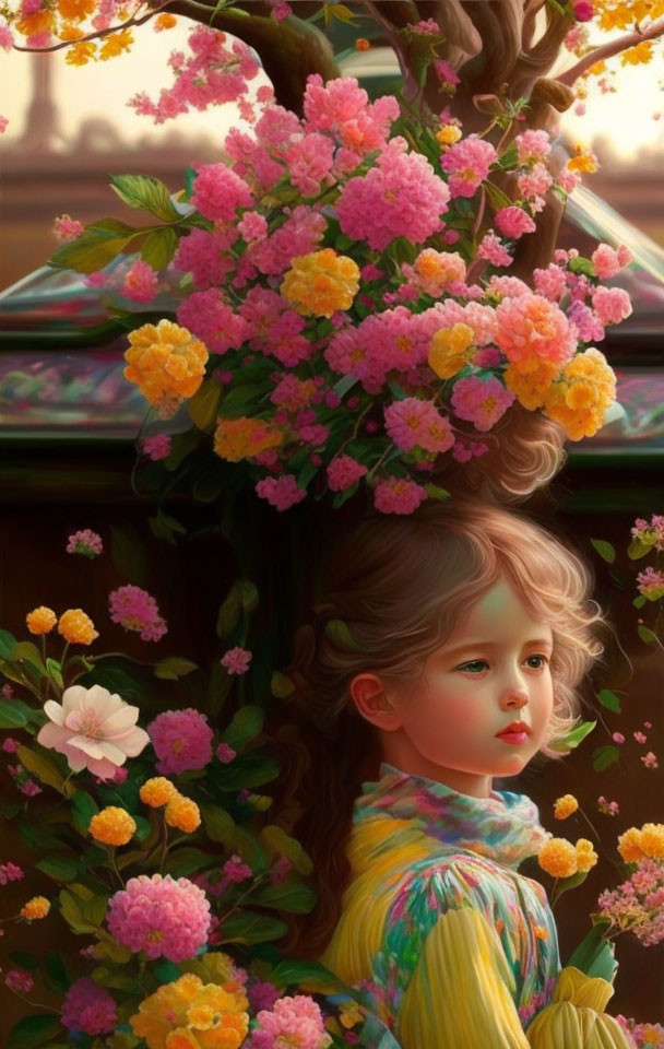 Young girl admires blooming flowers in soft sunlight