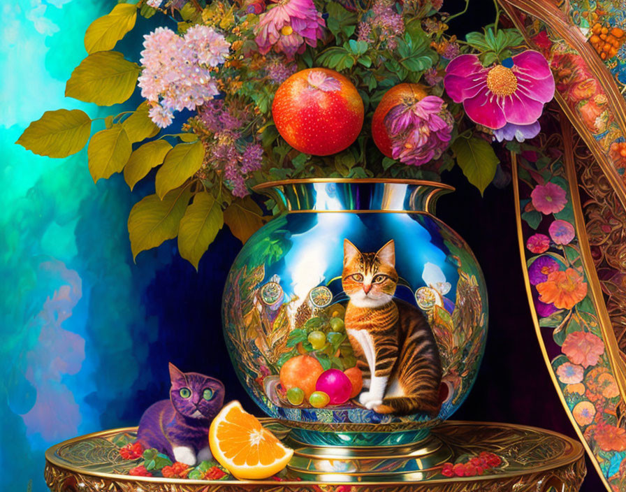 Colorful Artwork: Two Cats, Glass Bowl, Fruit, Floral Arrangements