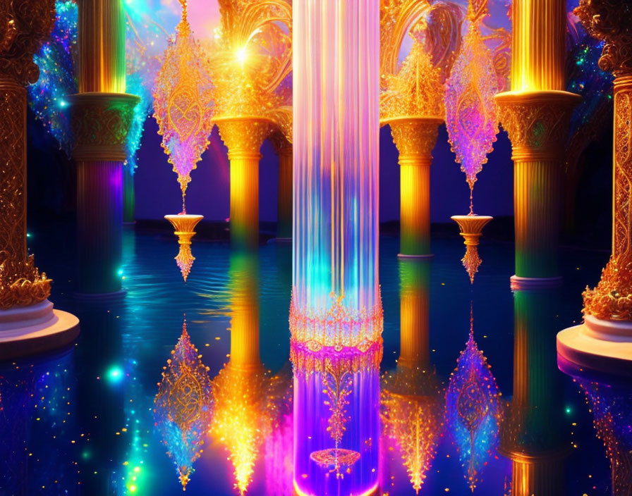 Colorful Fantasy Palace Interior with Glowing Pillars and Water Floor