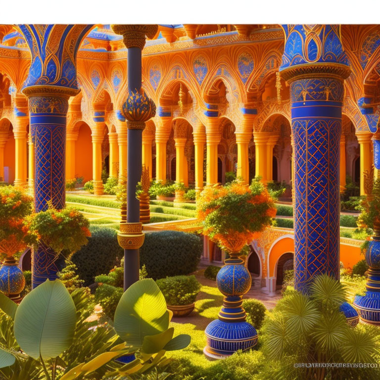 Vibrant orange trees in ornate garden with blue pillars under golden sunlight