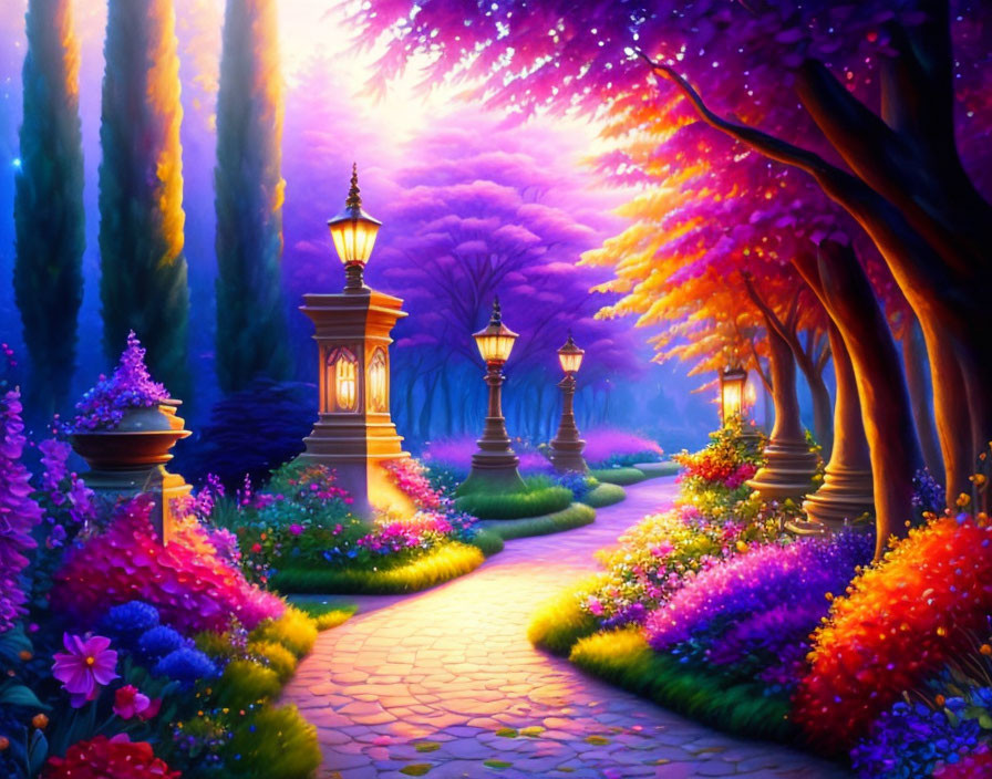 Serene Pathway in a Vibrant Enchanted Garden