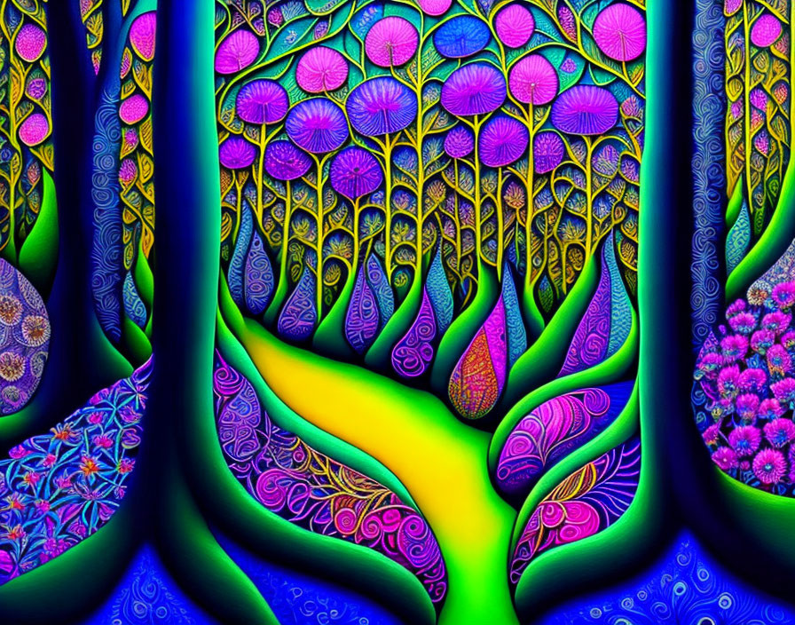 Colorful Psychedelic Forest Art with Stylized Trees & Patterns