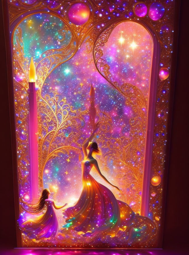 Colorful cosmic door illustration with silhouettes and candle