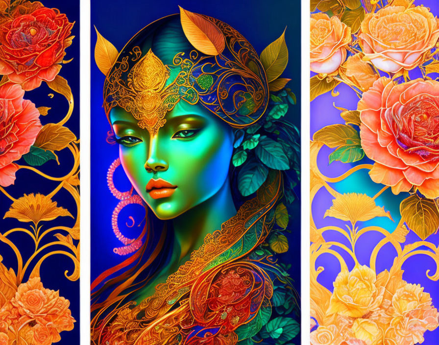 Colorful digital artwork: Woman with golden headpiece in ornate floral setting