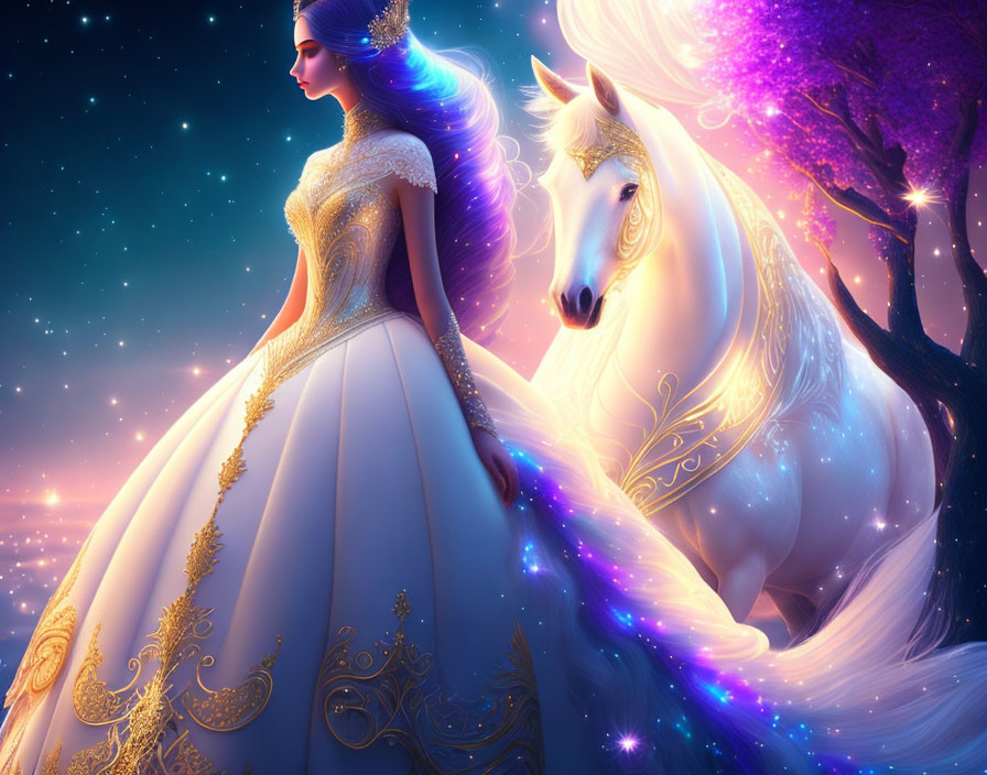 Woman in elaborate gown with glowing white horse under magical purple-lit tree