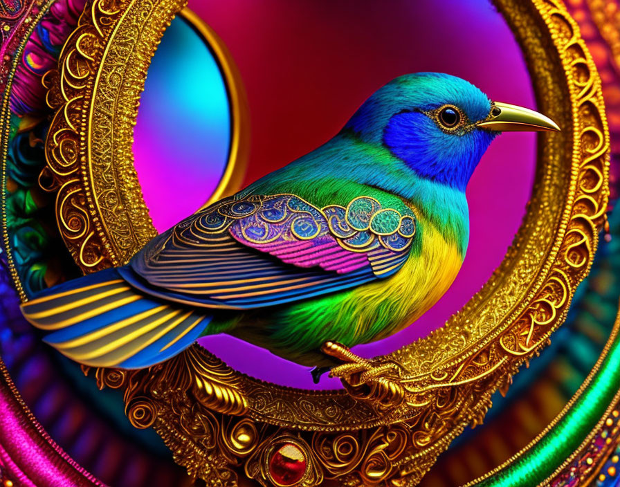 Colorful Bird in Ornate Circular Frame with Jewel Tones