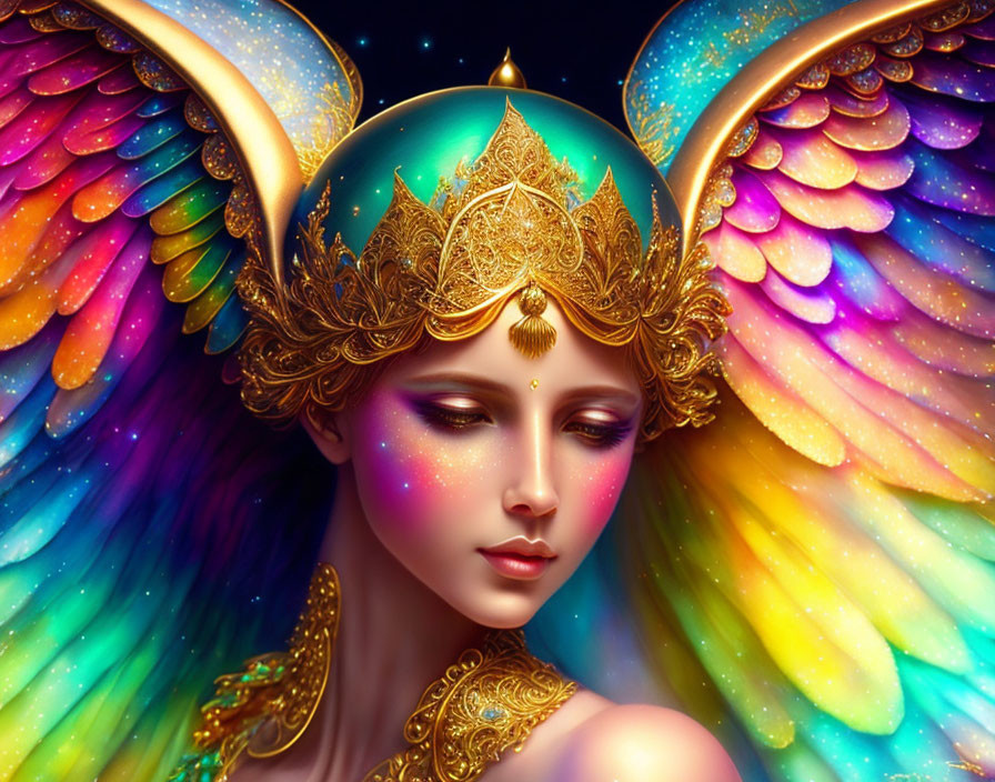 Ethereal woman with golden crown and vibrant, cosmic wings.