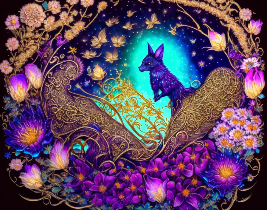 Mystical fox surrounded by stars, flowers, and cosmic elements