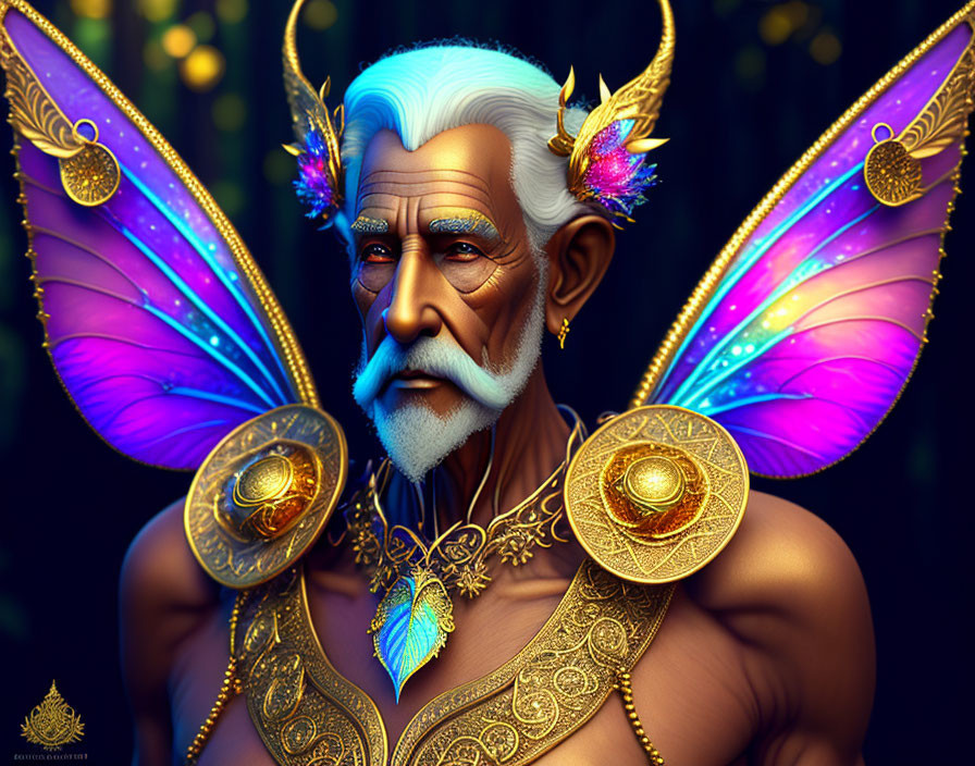 Elderly man with white hair and butterfly wings in vibrant illustration