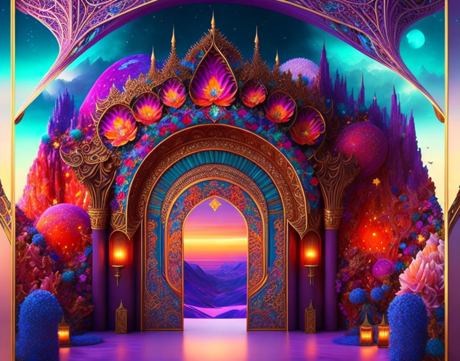 Colorful Fantasy Archway in Vibrant Mountain Landscape