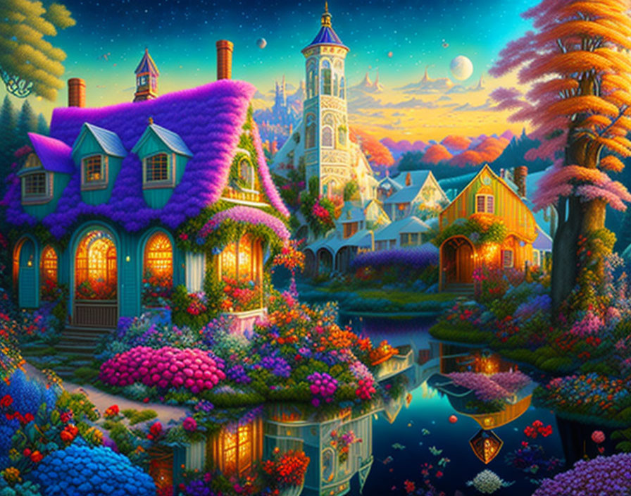 Whimsical Village Scene with Vibrant Cottages and Pond