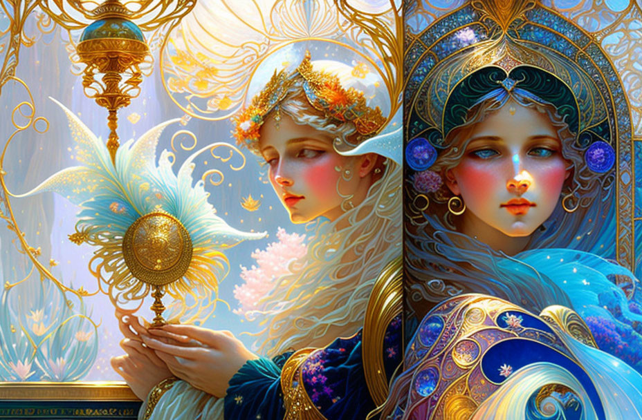 Detailed fantasy illustrations of women in ornate attire against golden and blue backdrops