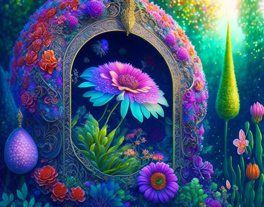 Colorful fantasy garden with ornate floral archway and radiant flowers