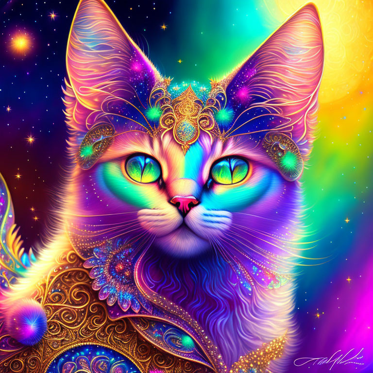 Colorful Majestic Cat Illustration with Cosmic Background