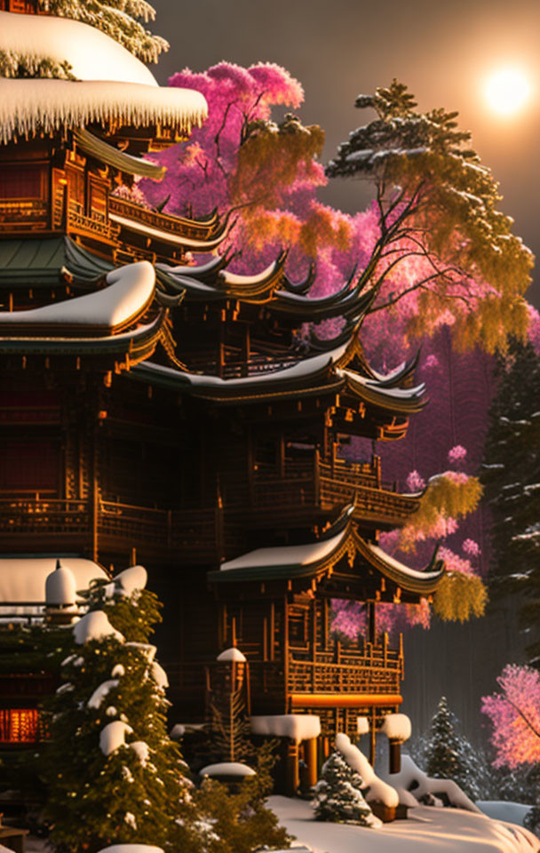 Snow-covered traditional pagoda in pink-hued winter landscape.