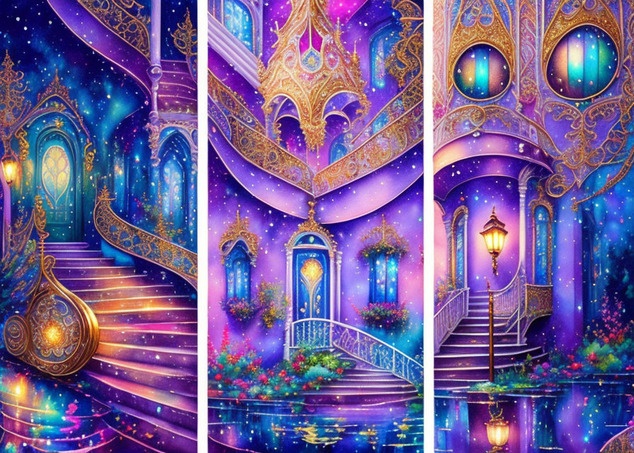 Whimsical starlit palace triptych with ornate doors and cosmic sky