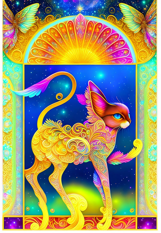 Colorful digital artwork: stylized cat with celestial background and butterflies