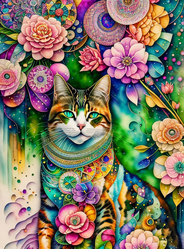 Ornate Illustration of a Calico Cat with Flowers