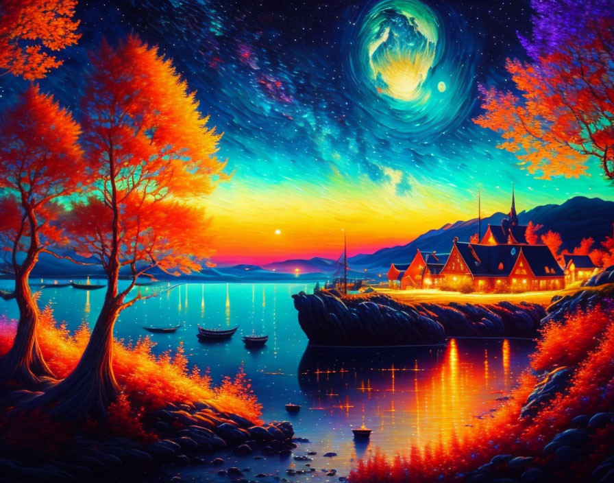 Colorful Autumn Trees, Serene Lake, Cottages, Galaxy - Sunset Landscape