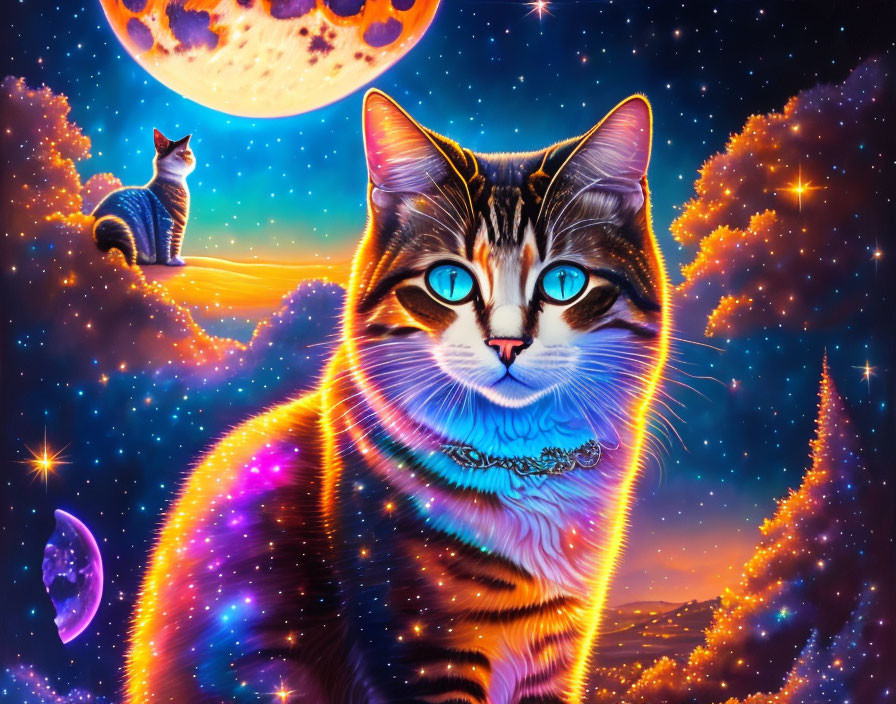 Colorful digital artwork: Large cat with glowing eyes and nebula body, smaller cat on crescent