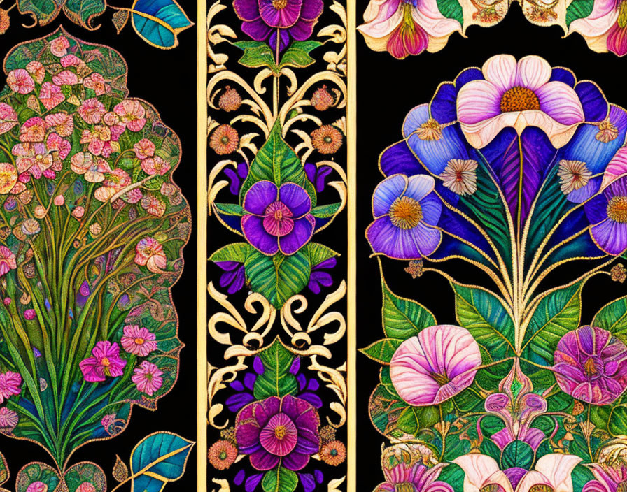 Vibrant Floral Embroidery Designs on Black Background