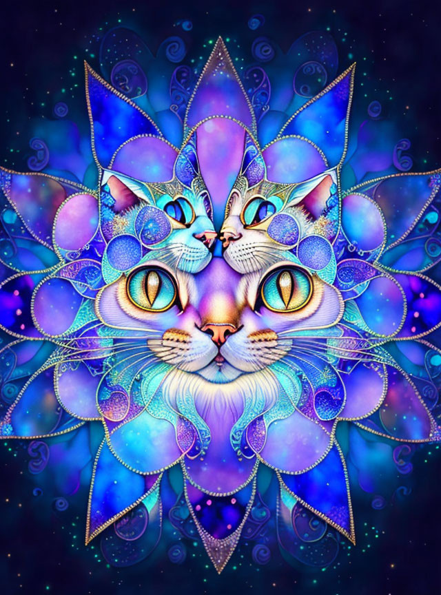 Intricate Mandala Design with Cat Faces in Blue and Purple