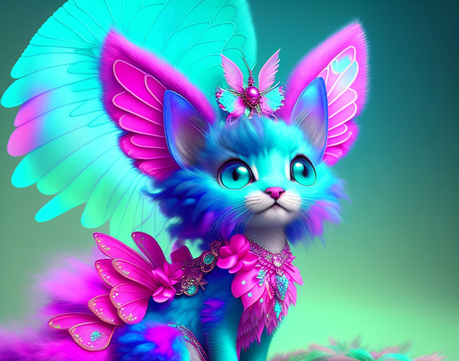 Colorful digital illustration of whimsical cat with blue fur and butterfly wings