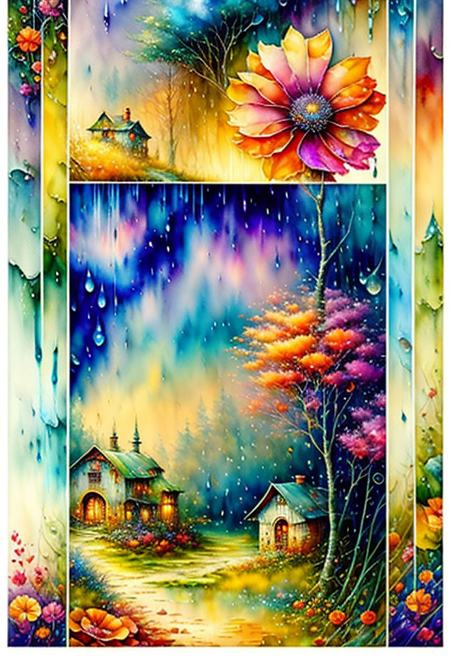 Colorful Four-Panel Artwork of Nature, Houses, Trees, and Flowers