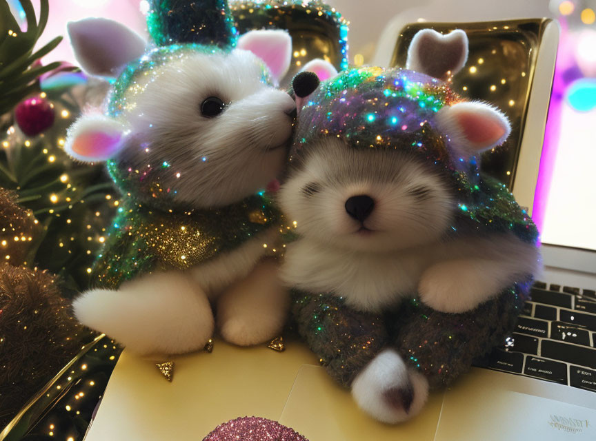 Plush Toy Kittens with Glittery Unicorn Horns and Cloaks on Laptop Keyboard