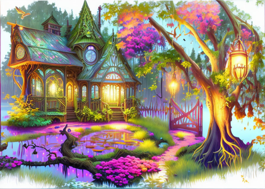 Whimsical house with clock in enchanted forest setting