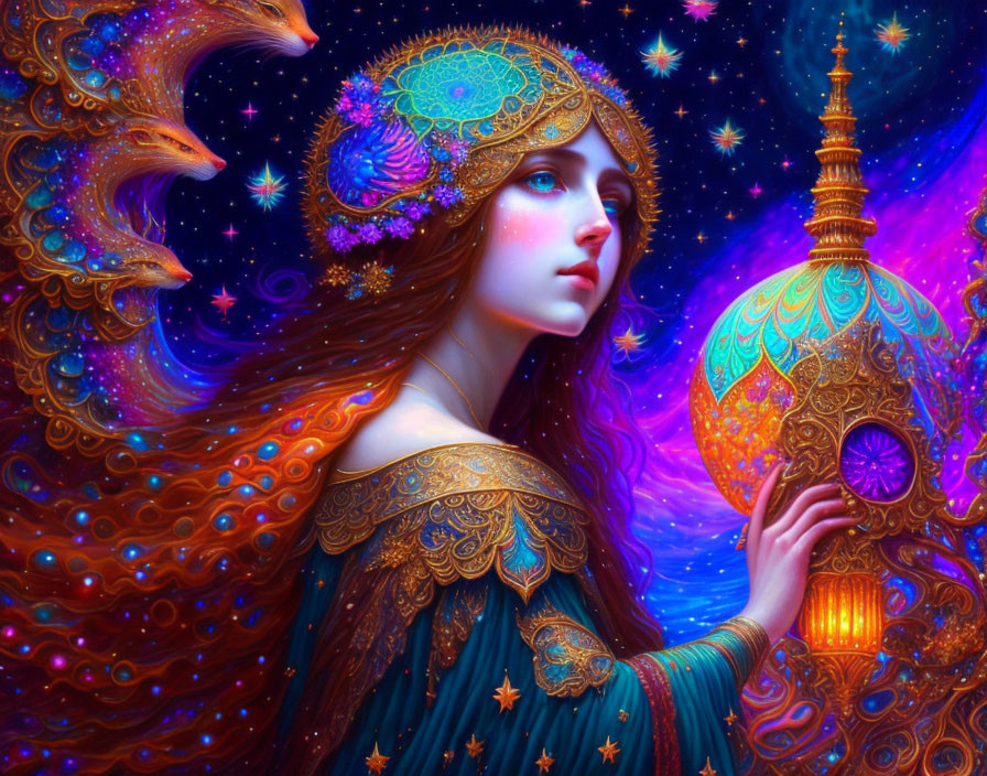 Fantasy Artwork: Woman with Flowing Hair and Lantern on Cosmic Background