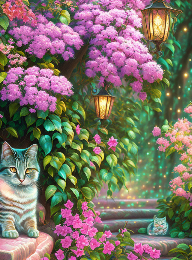 Cat sitting among greenery and pink flowers on steps with lanterns and lights.