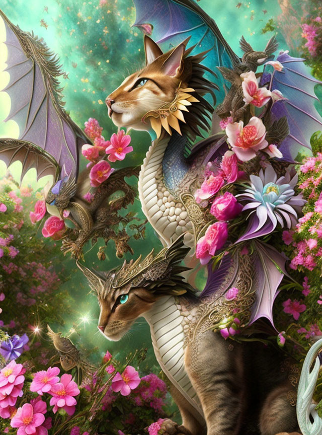 Fantastical illustration of cat-headed dragons in floral setting