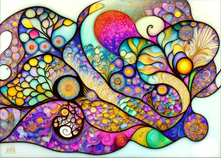 Colorful Abstract Art: Swirling Patterns, Vivid Colors, Floral and Celestial Shapes