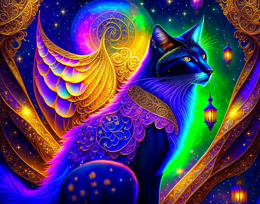 Celestial Black Cat with Colorful Patterns and Wings