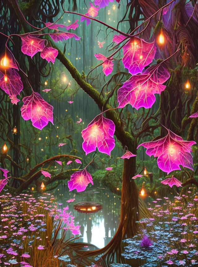 Mystical forest with glowing pink leaves and serene pond