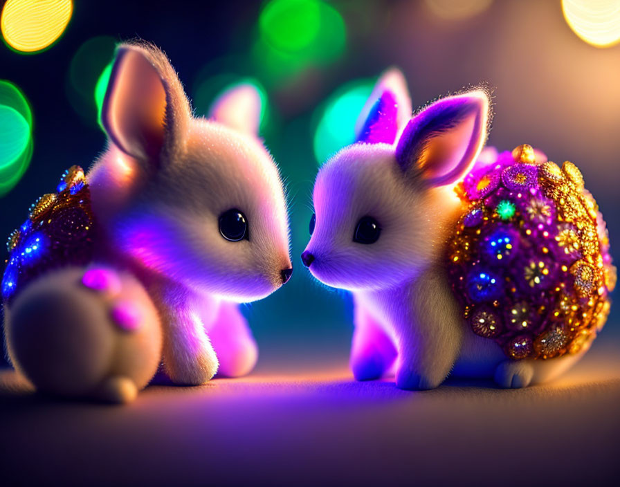 Glowing toy squirrels with sparkling textures in colorful bokeh lights