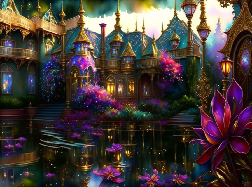 Fantasy castle with radiant windows, lush flora, and tranquil water surface.