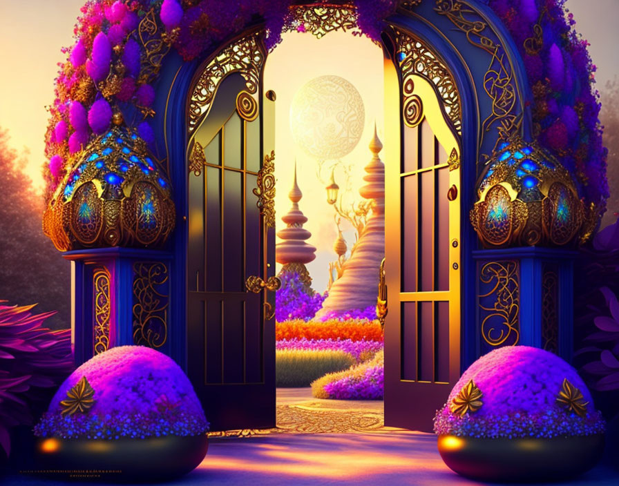 Ornate open gate on mystical moonlit pathway with purple foliage and glowing lanterns