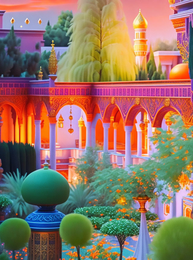 Palace with ornate arches, golden domes, and lush gardens at twilight