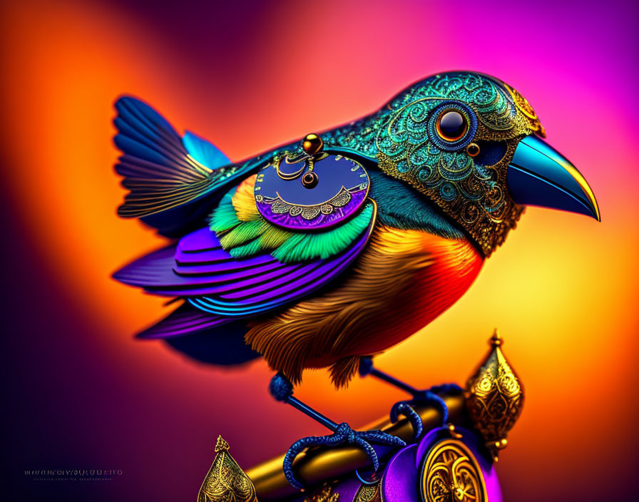 Colorful Stylized Bird Artwork with Jeweled Textures and Gradient Background