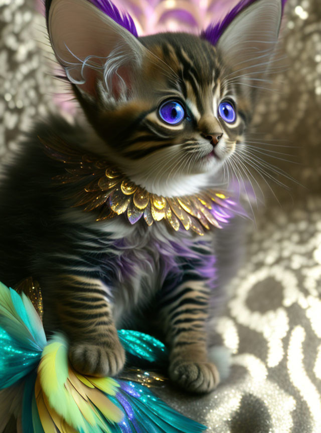 Blue-eyed kitten with golden feather collar on patterned surface with colorful feathers.