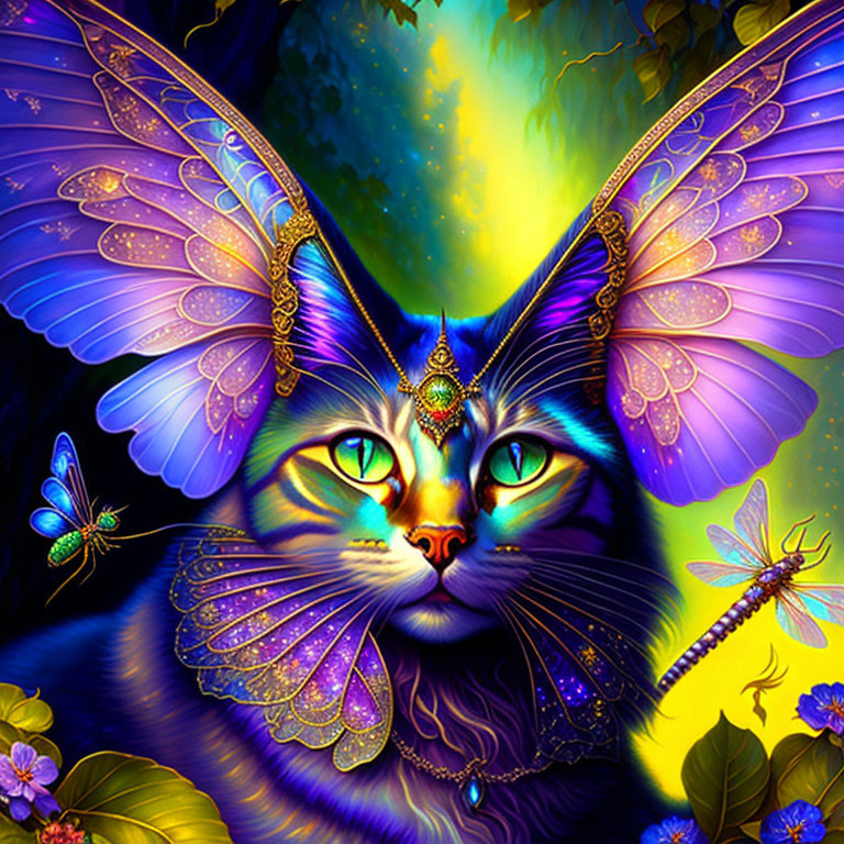 Whimsical Cat with Butterfly Wings in Enchanted Setting