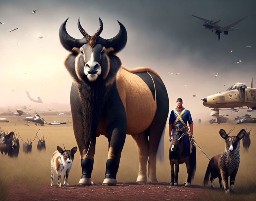 Imposing anthropomorphized antelope in military attire with animals and aircraft in surreal image