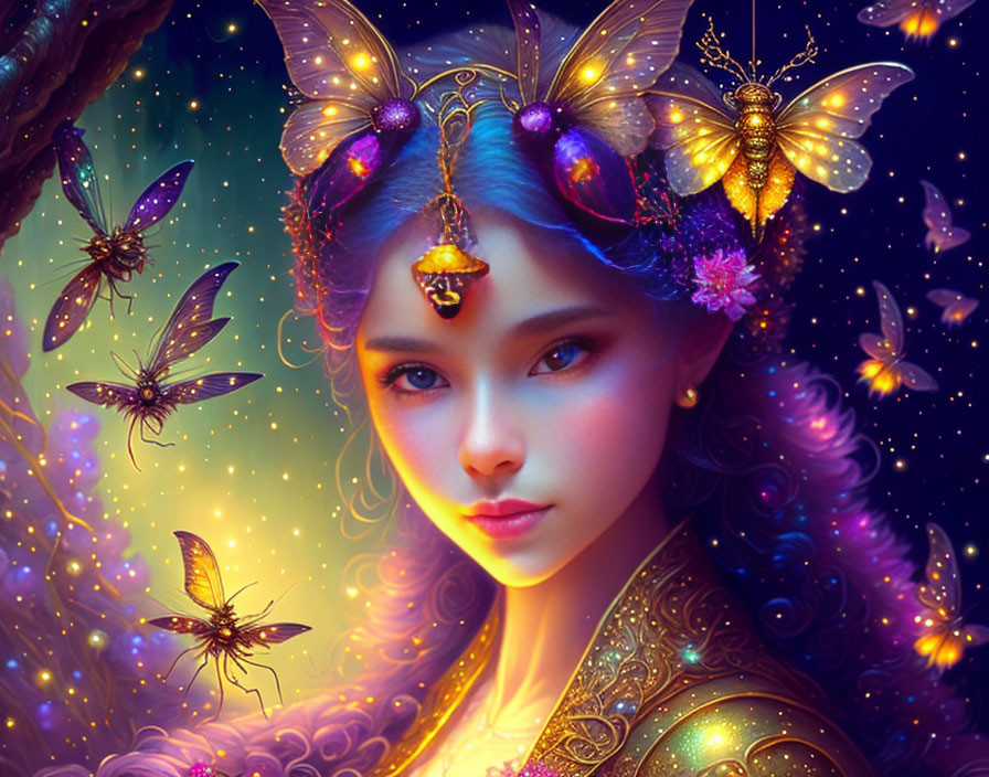 Woman with butterfly wings in hair, surrounded by luminous insects in mystical setting