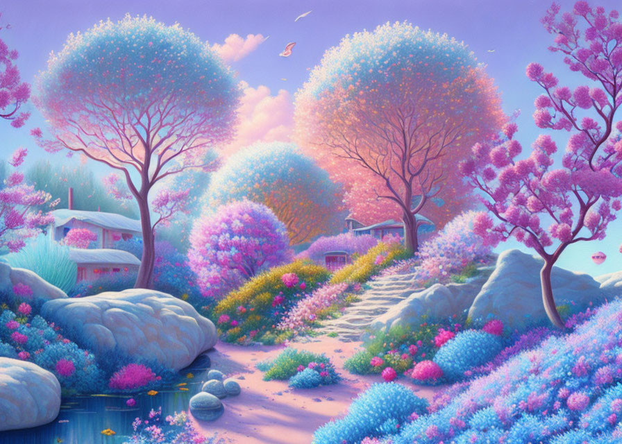 Colorful Fantasy Landscape with River, Cottage, and Pastel Sky